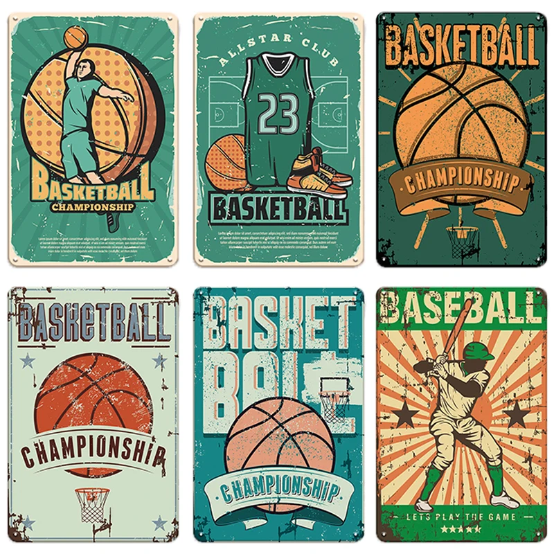 Retro Iron Poster Sports Football Basketball Metal Sign Plaque Metal Plate Vintage Tin Signs for Bar Club Man Cave Wall Decor