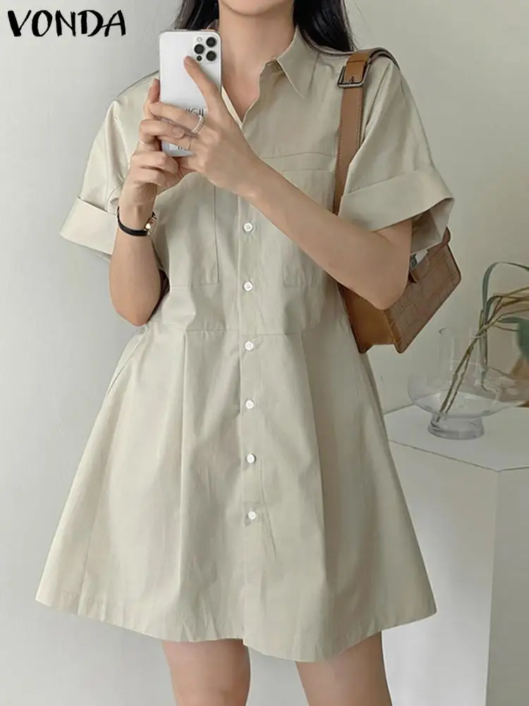 

Женское летнее платье-рубашка, повседневный свободный офисный сарафан 2023 VONDA, модный элегантный мини-халат с коротким рукавом, пляжные платья