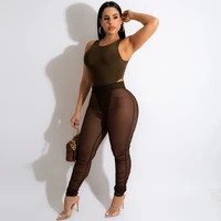 wishyear 2022 sexy summer two piece set for women see through mesh leggings and bodysuit club outfits black matching sets