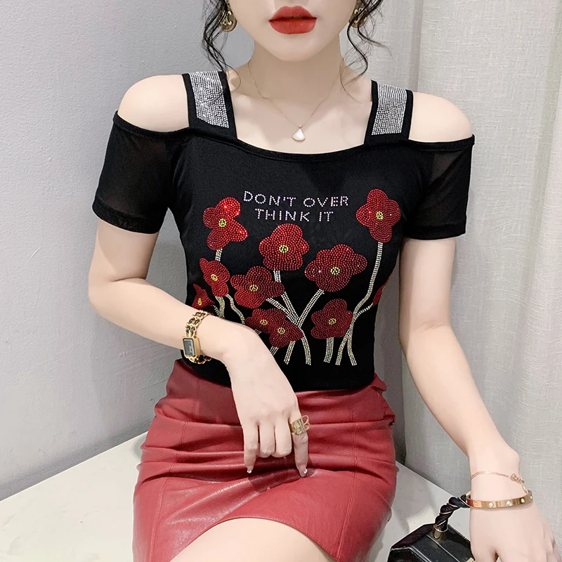 

Summer High Quality Diamond Double-Layer Ice Silk Gauze Short Sleeve T-Shirt New Fashion Off The Shoulder Women Tops