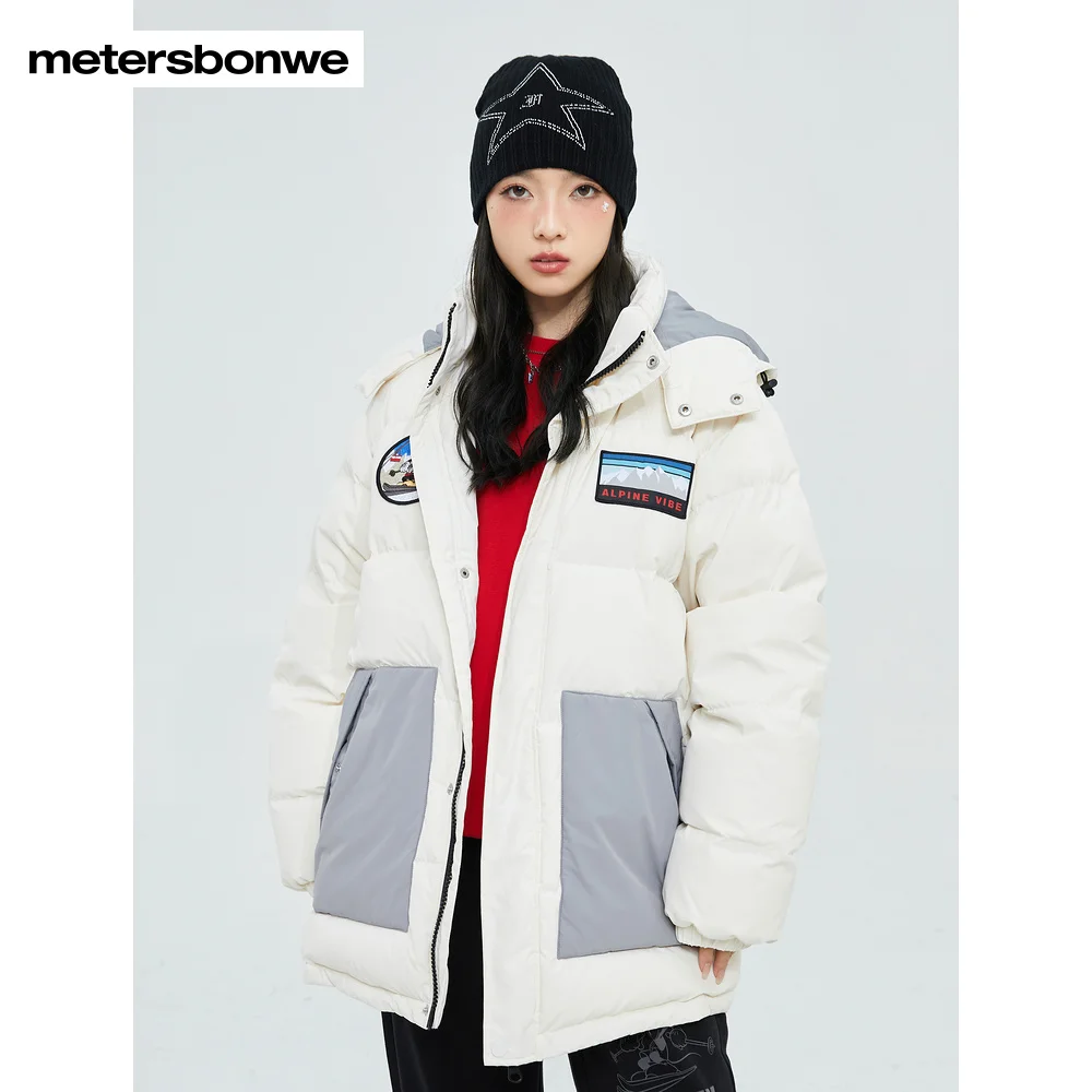 Metersbonwe Women's 22New Winter Ski Style Windprrof Hooded Down Jacket Cartoon Patched Eiderdown Top  Loose Thick Warm Wear