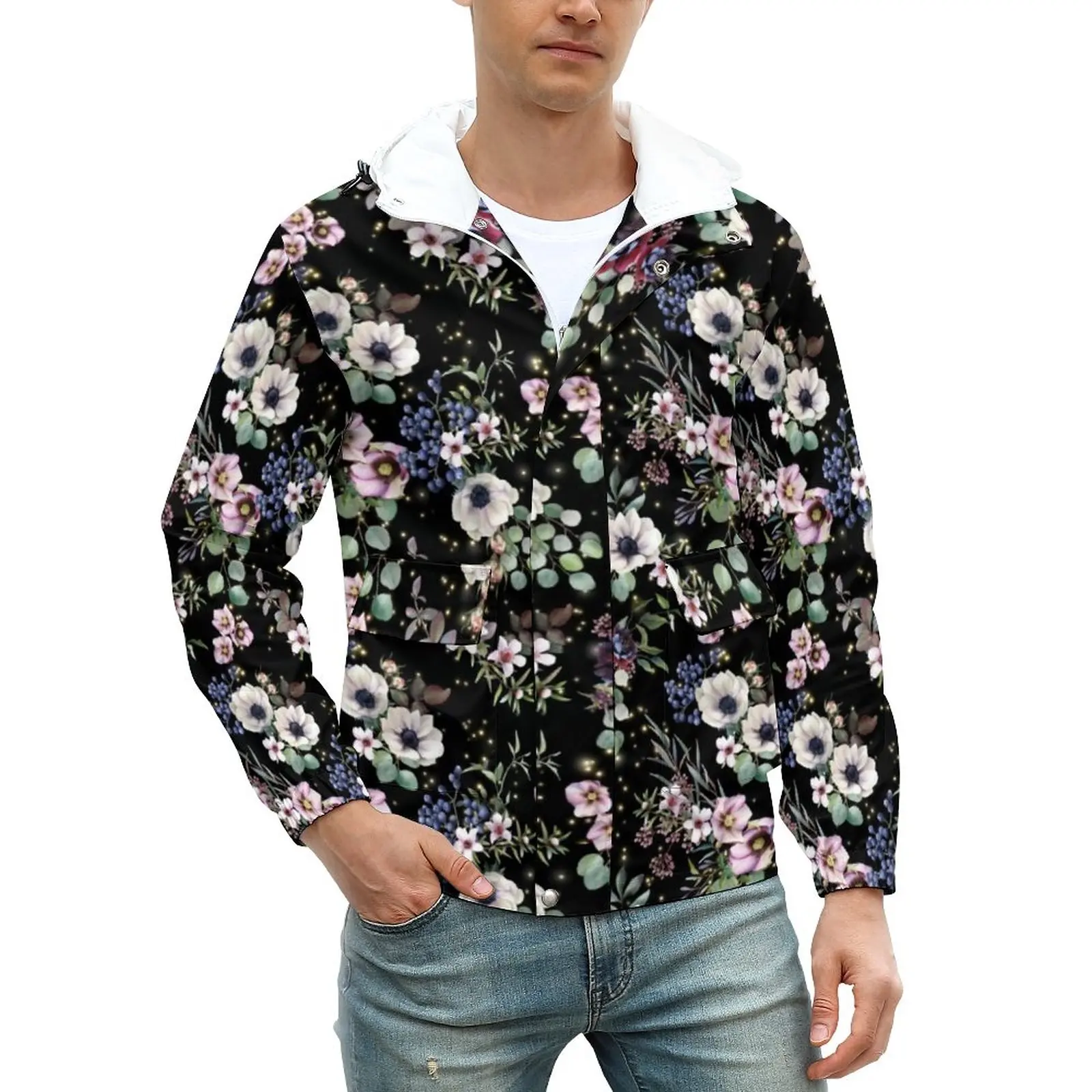 

Ветровка мужская с цветочным принтом, модная повседневная классическая Куртка с акварельным принтом, ветровка большого размера, бело-розов...