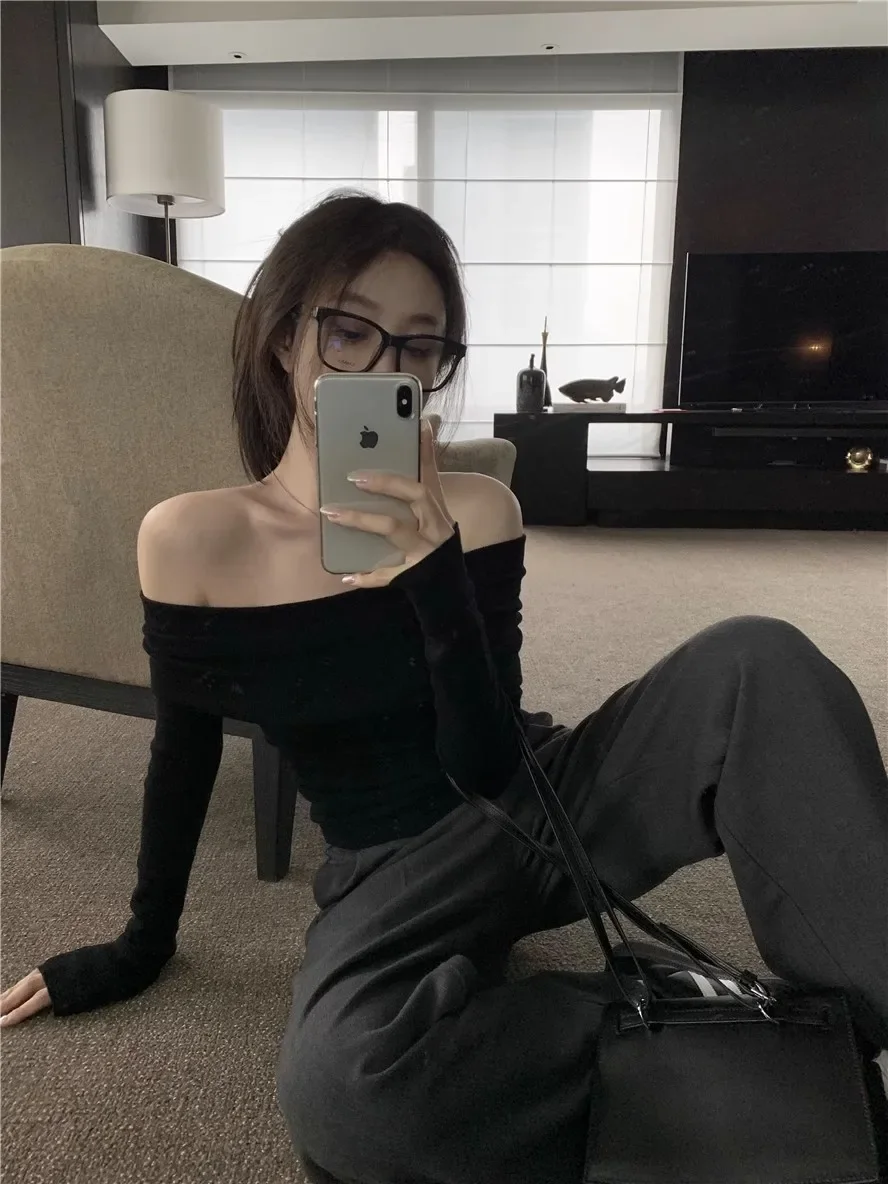 Женский осенний облегающий базовый слой цвета хаки с открытыми плечами и