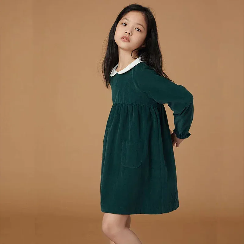 Spring 2024 New Corduroy Teen Girl Dress Cotton Kids Autumn Children Long Sleeve Dresses Princess Party Fashion Outfit Clothing