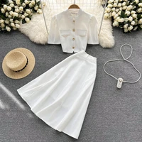 elegant women summer clothing set stand neck puff sleeve blouse shirt tops and a line long skirts suit office ladies sets new