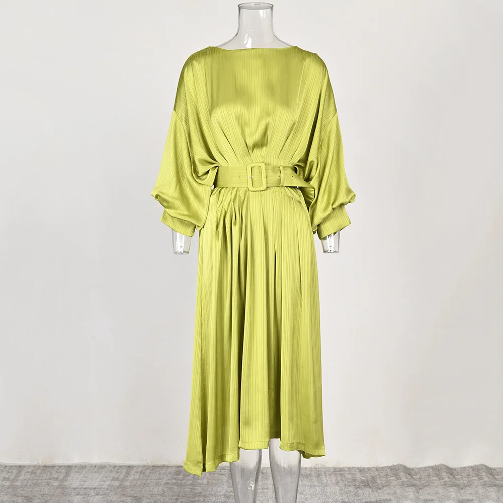 

Vintage Women's Solid Dress Waist Folding Big Swing Long Sleeve Skirt With Belt French Style Elegant Dresses For Women Vestidos