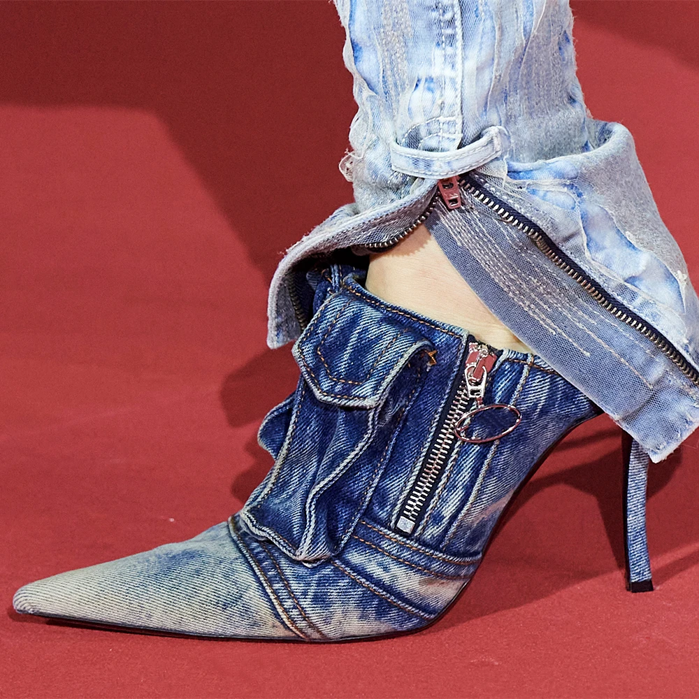 Spring/Summer Women's Denim Pocket Patchwork Pointy Toe Zipper Decor Super High Heel Shoes  Baotou Slipper Stiletto Heels Sandal