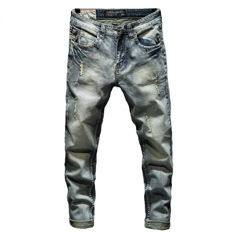 

Slim Jeans Men Light Blue Stretch Ripped Biker Jeans Pants Man Distressed Mens Jeans Slim Fit Casual Denim Pants Boys Trousers