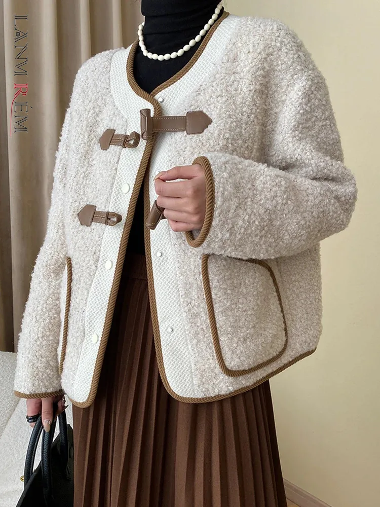 

[LANMREM] Elegant Faux Fur Warm Coats For Women Round Neck Single Breasted Long Sleeve Thick Outwear 2023 Winter New 26D7269