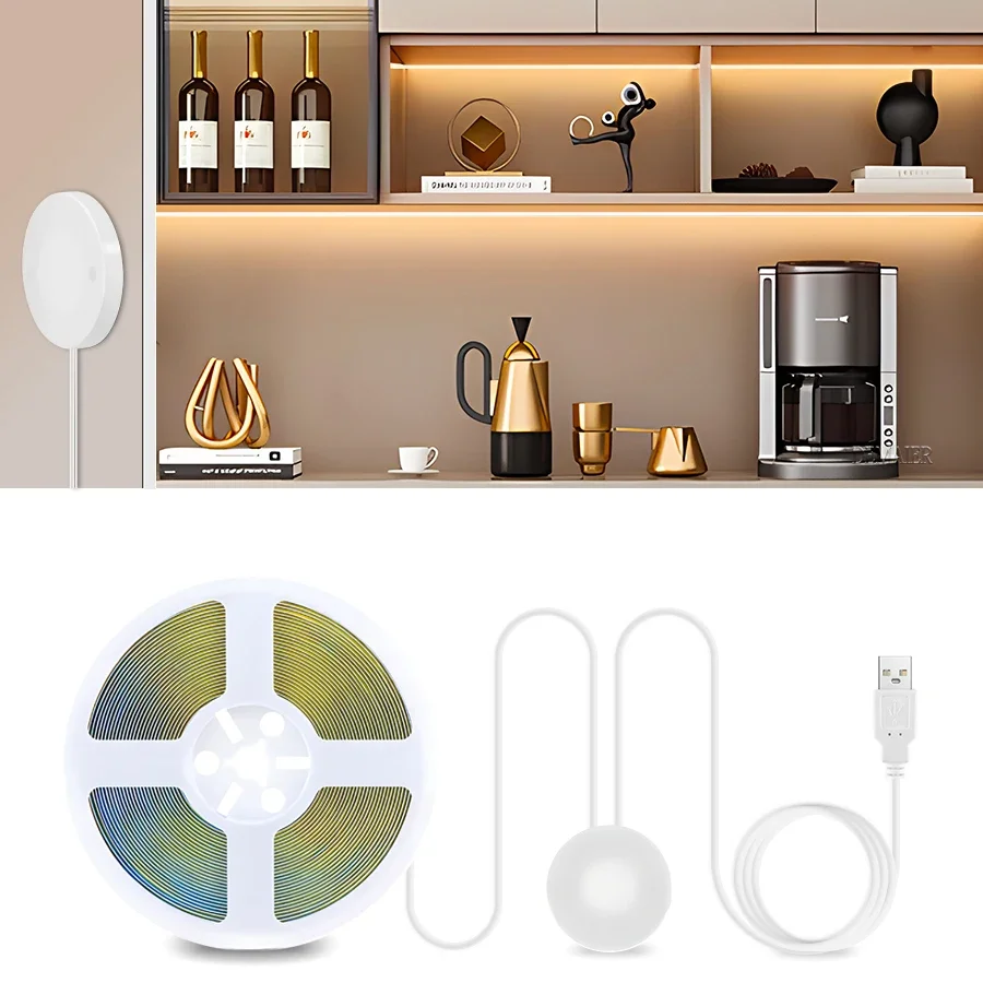 Светодиодная лента COB под шкафом, коллекция освещения с регулируемой яркостью, USB-проникаемая лампа для кухни, ванной комнаты, освещение, сенсорный датчик ручного сканирования