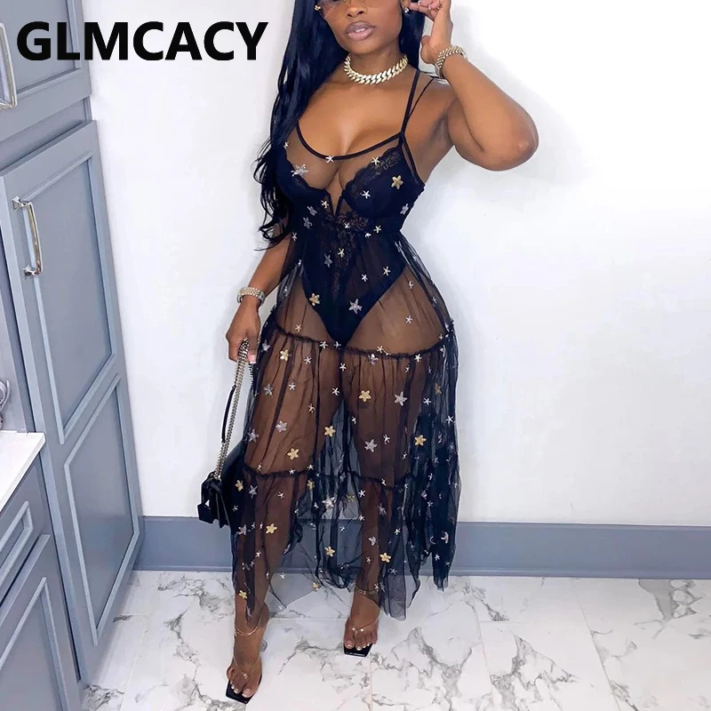 

Women Spaghetti Strap Star Stamped See Through Maxi Dress