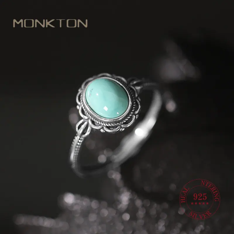 

Monkton Ethnic Green Turquoise 925 Silver Rings for Women Big Gemstone South Red Agate Thai Silver Open Ring Retro Fine Jewelry