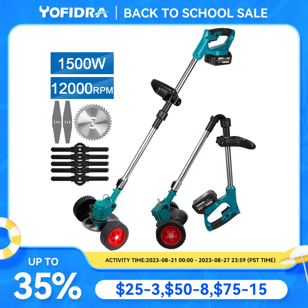 Yofidra Electric Lawn Mower Handheld For Makita 18V Battery Cordless Garden Grass Trimmer Length Adjustable with 2 Battery