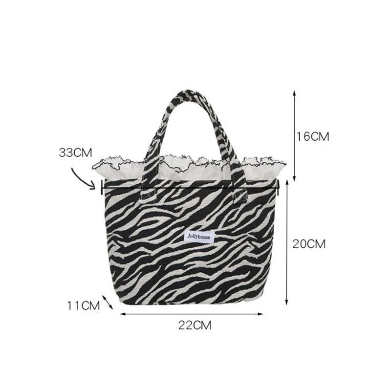 Fashion Zebra Pattern Plaid Solid Color Canvas Handbag For Women Lotus Leaf Lace Large Capacity Creative Beautiful Flounces Bag