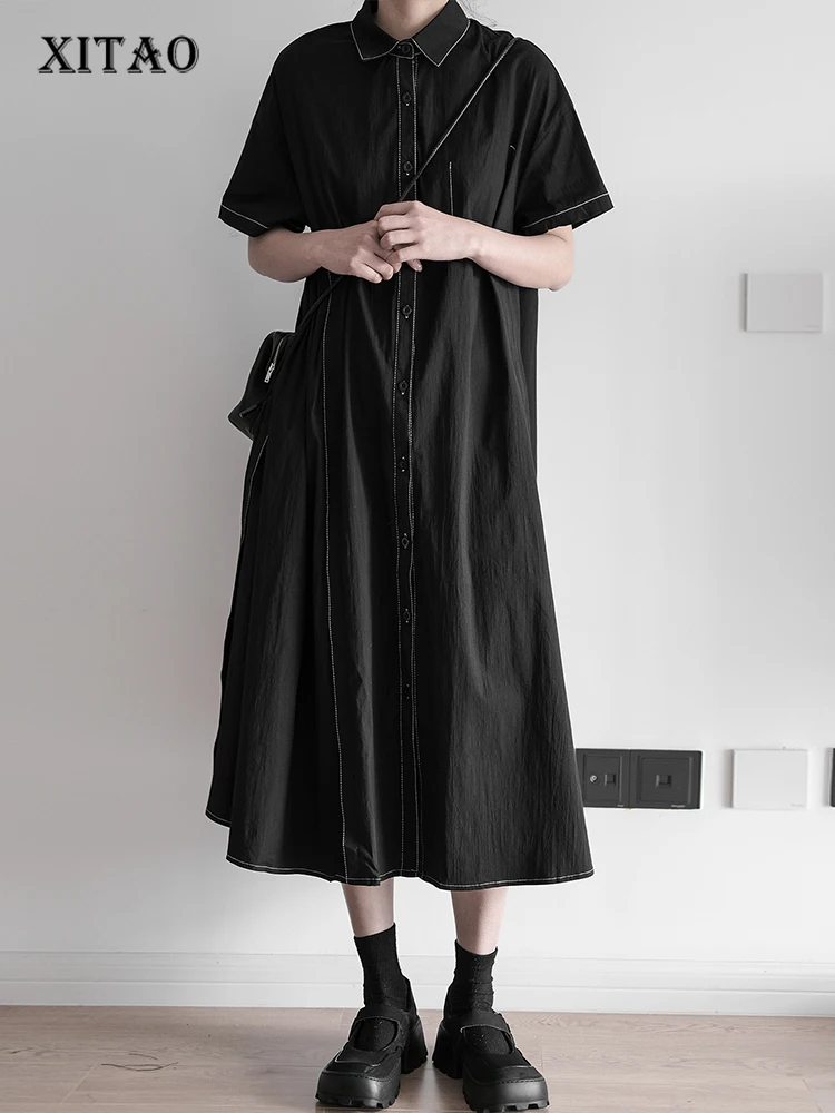 

XITAO Solid Single Breasted Dress Women Korea 2022 Summer New Arrival Fashion Loose Turn-down Collar Short Sleeve Dress WMD6008