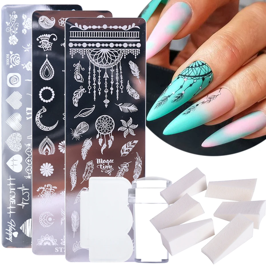 1 Set Nail Stamping Plates Dreamcatch Flower Leaf Geometry Transfer Stencils Jelly Stamper Scrapper Manicure Tools JISTZN01-12-3