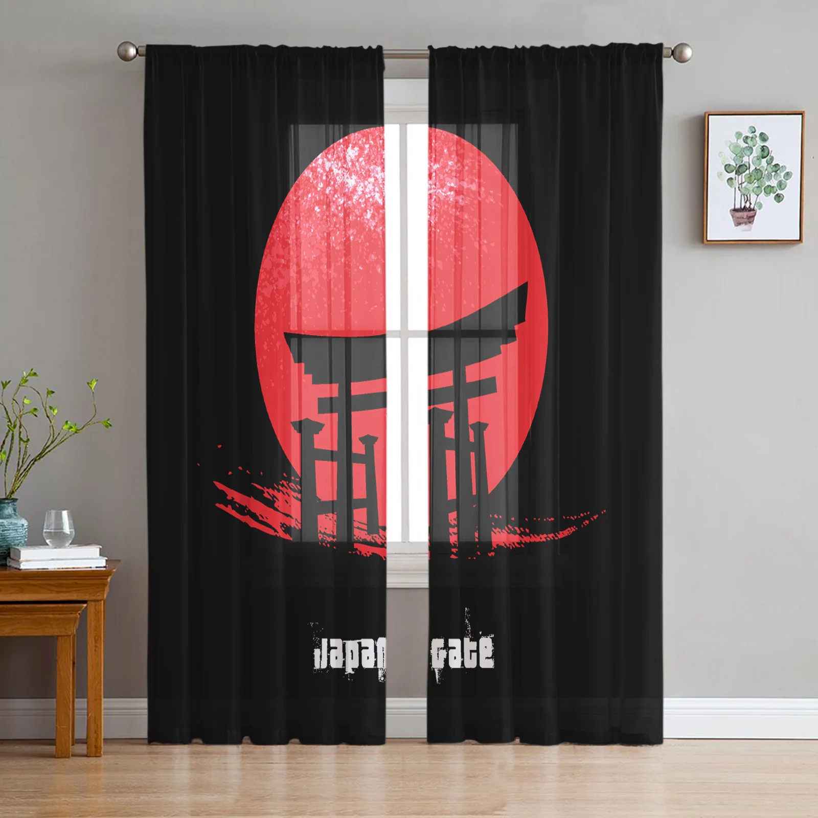 

Japanese Architecture Silhouette Tulle Window Treatment Sheer Curtains for Kitchen Living Room the Bedroom Curtains Decoration