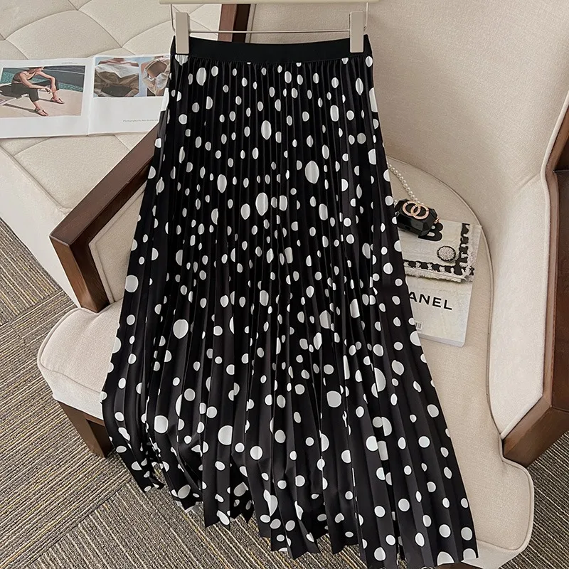 

YCMYUNYAN 2023 New Folds Skirt Spring/summer Dots High Waisted Loose A-LINE High Street Chiffon Print Women Pleated Skirts