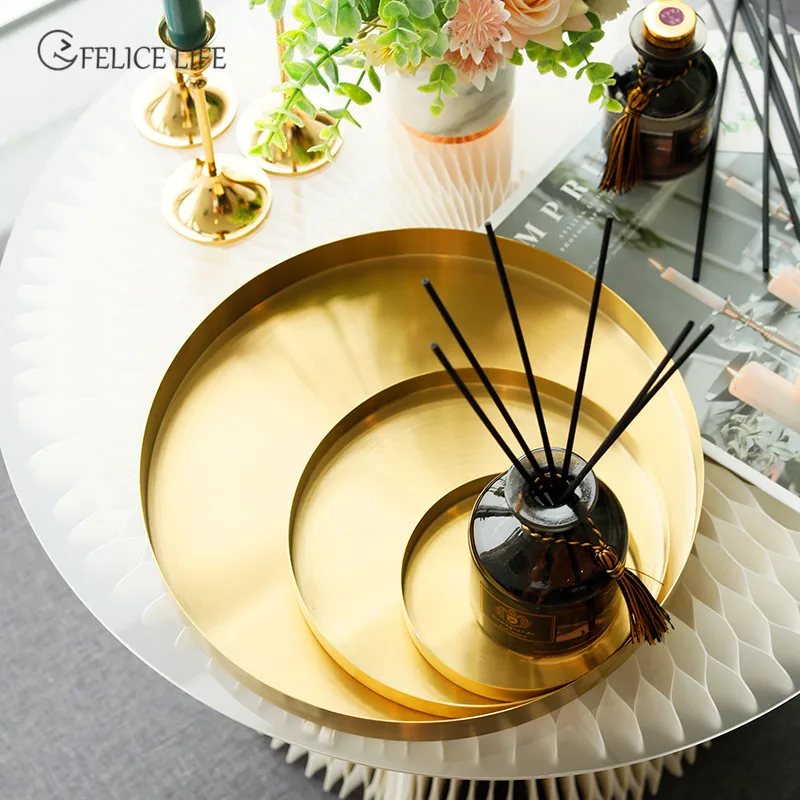 Home Decor Golden Storage Tray Round Jewelry Desktop Display Plate Retro Kitchen Dinner Scissors Organizer |
