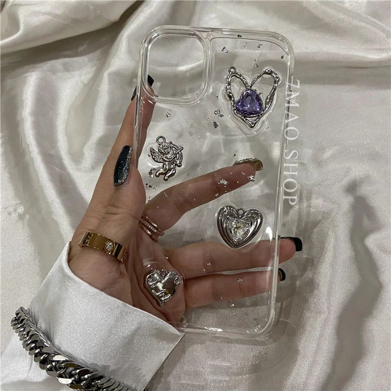 Retro Shining Cupid Love Heart Case For Iphone 14 13 12 11 Pro XS Max X XR Ultra-thin Glitter 3D Epoxy Transparent Soft Cover