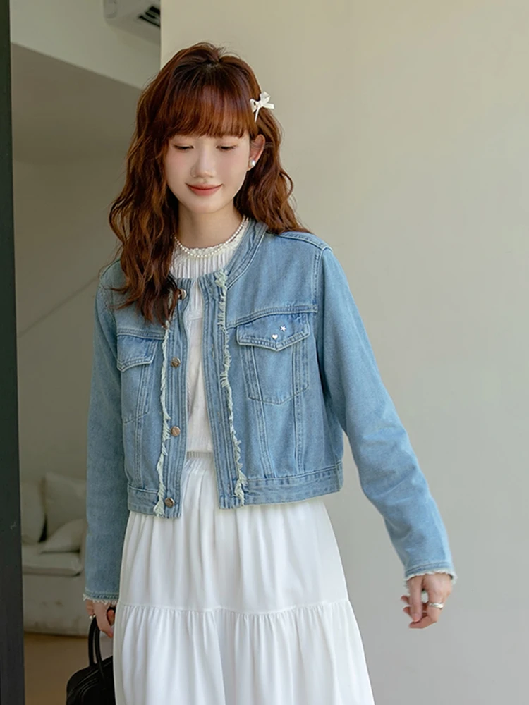 La Chabell Puella Short Denim coat Women Autumn Burr Design Sense Hong Kong Sle Vintage top