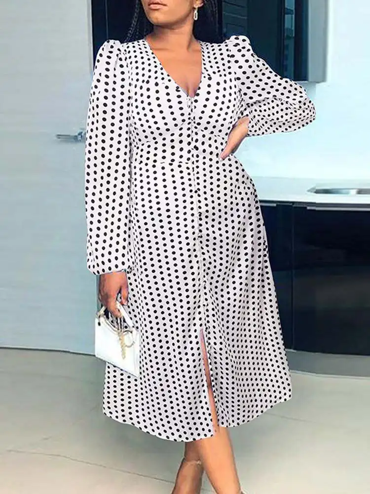 

2022 Oversized Bohemian Women's Polka Dots Dress Spring Long Sleeve Midi Dresses ZANZEA Casual Loose A-line Holiday Robe Femme