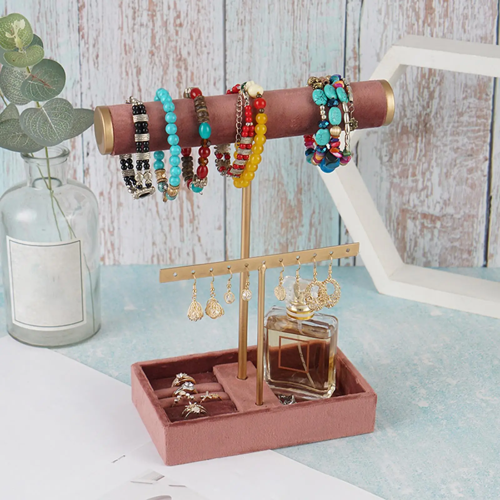 Tabletop Double Layer T Bar Jewelry Display Stand Bracelet Hanging Rack Pink