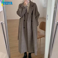yicya woolen coat womens thicken plaid medium and long houndstooth chic and elegant woman coat winter covered fashion blazer