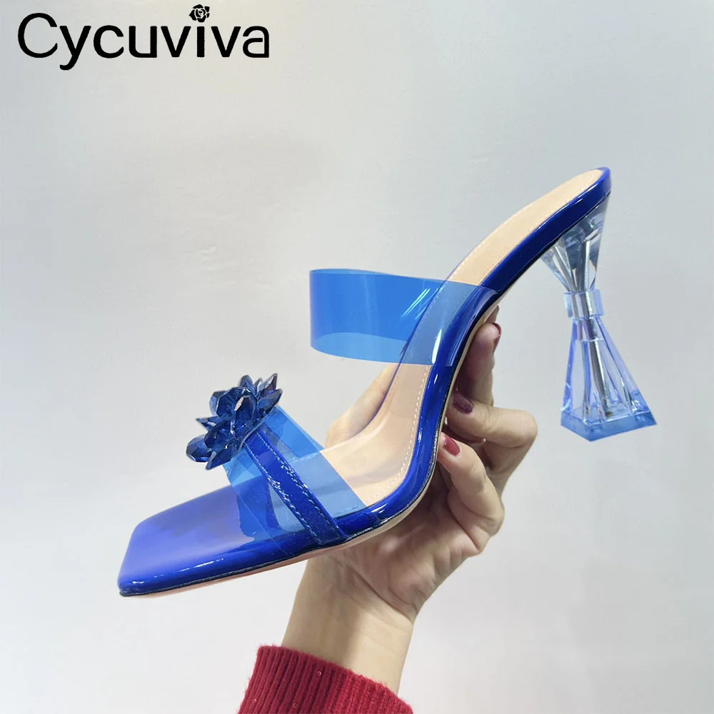 

Square Toe Clear PVC Women Slippers Bling Bling Rhinestone Flower Wedding Party Crystal Shoes Designer High Heel Sandals