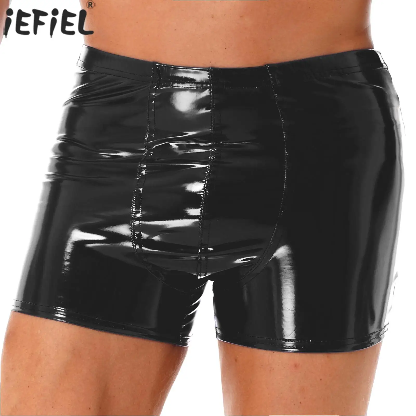 

Mens Glossy Patent Leather Shorts Clubwear Mid Waist Bulge Pouch Boxer Brief Elastic Waistband Short Pants for Dance Performance