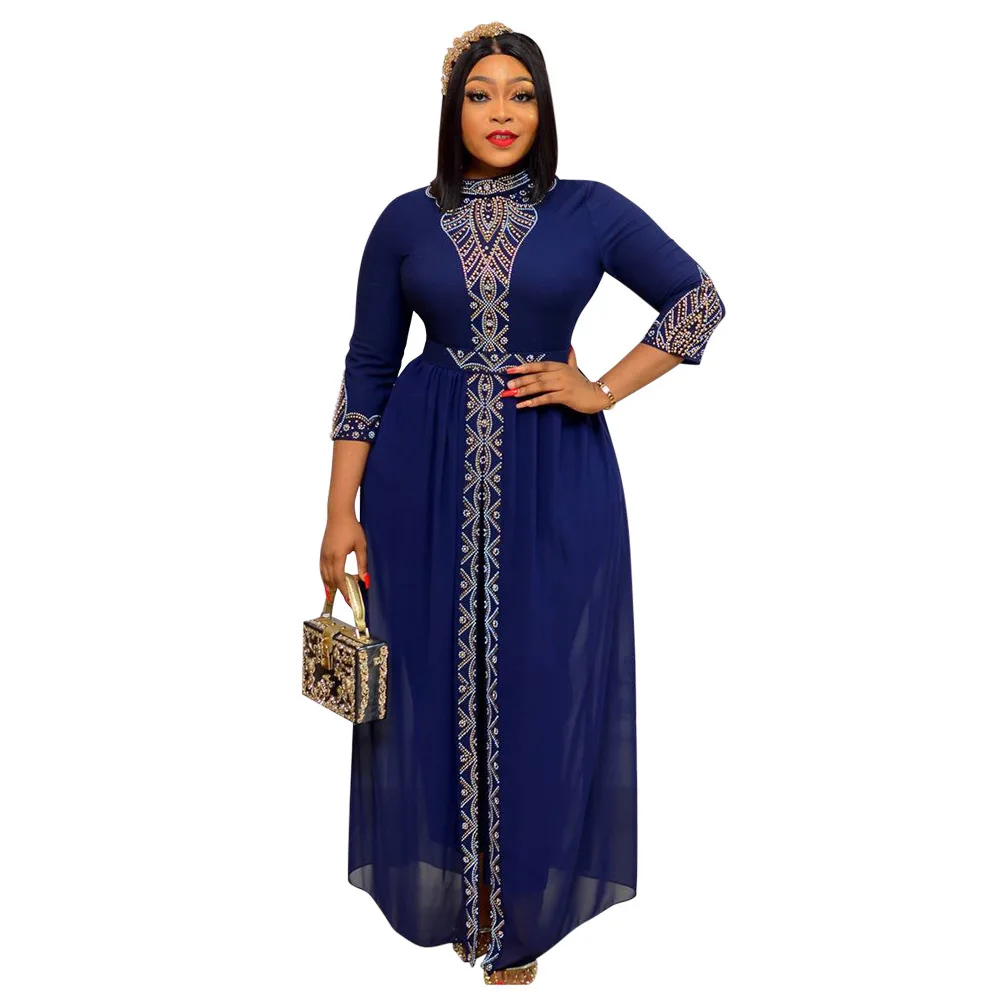

Two Piece Set Robe Stand Collar Sexy Diamond Slit Dress And Long Pants African Casual Women's Chiffon Long Sleeve Dress Spring