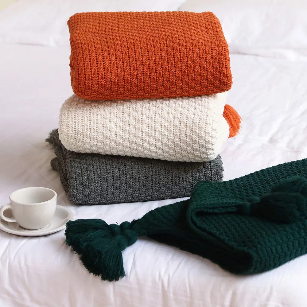 

Home Decorative Thickened Knitted Blanket Corn Grain Waffle Embossed Winter Warm Tassels Throw Bedspread Sofa Leisure Blanket