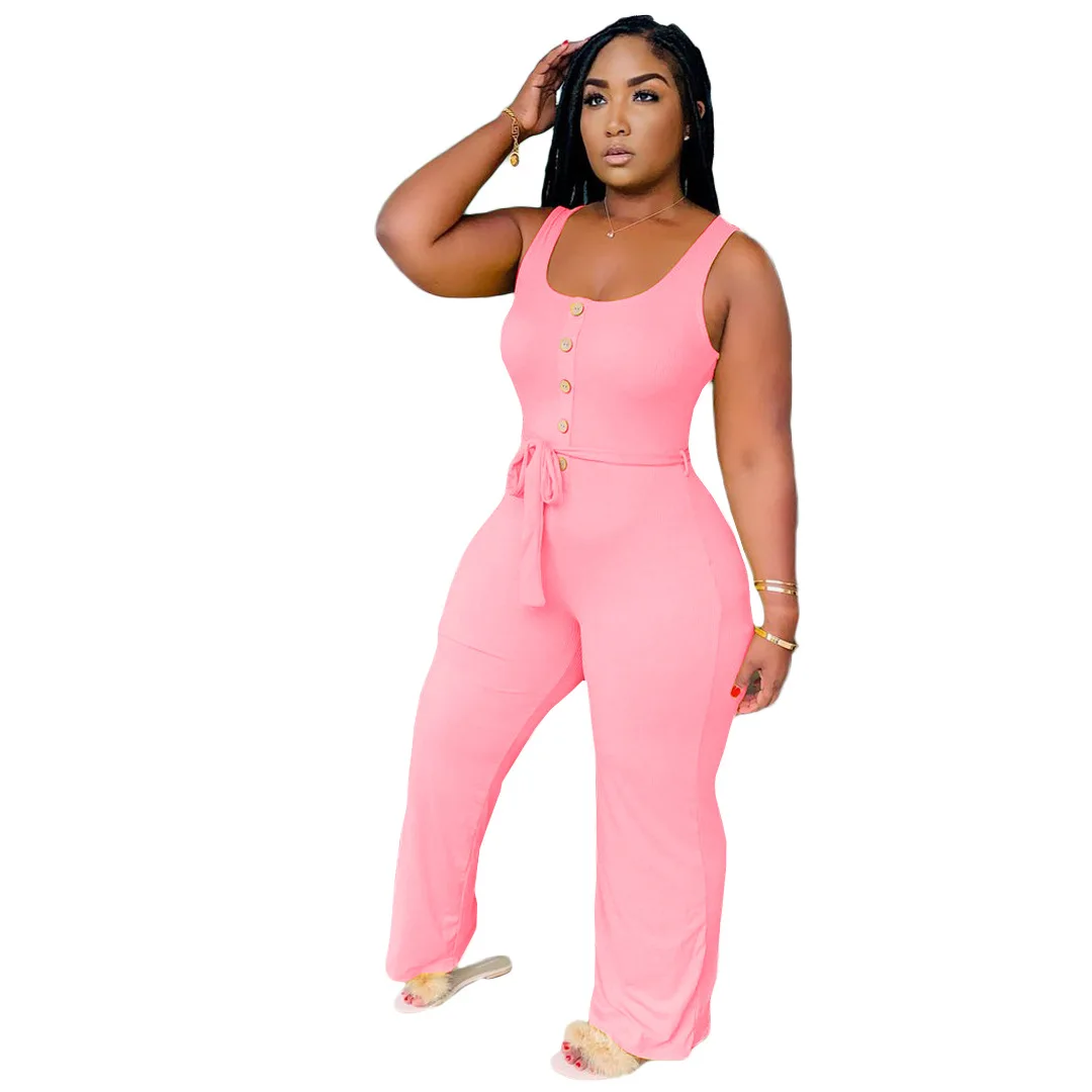HM6330 Ladies Casual Jumpsuit Summer Women's Fashion Sleeveless Stitching Loose Wide Leg Jumpsuit Women