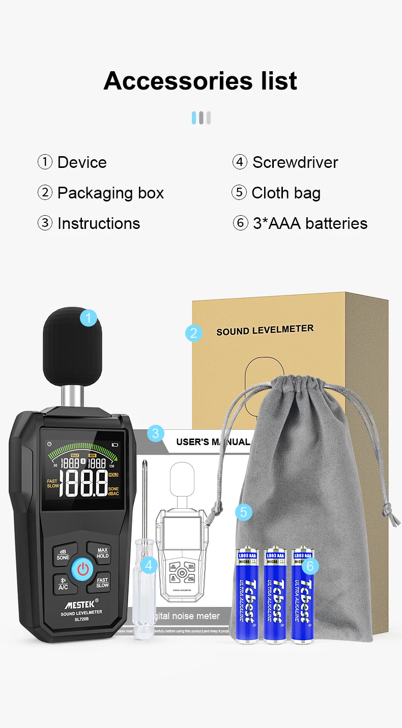 

Цифровой измеритель уровня звука 30 ~ 130 дБ Макс/мин Профессиональный астронометр Тестер шума Измеритель шума в децибелах с приложением Bluetooth