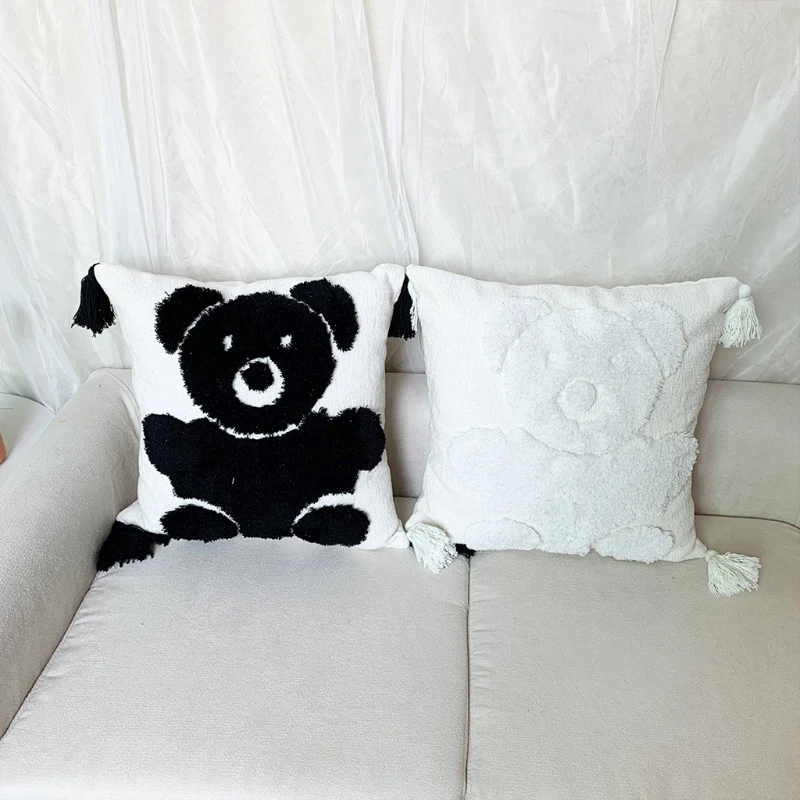 

Soft Throw Pillow Cover Boho Style Cushion Case Bear Tufted Pillowcase Shell for Sofa Couch Car Bedroom Living Room