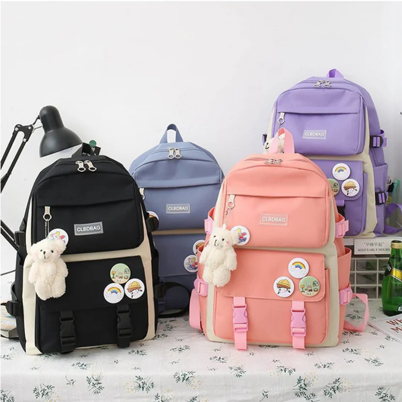 4PCS SET Girls Backpack Women Laptop Harajuku Canvas School Bags for Teenage Kids Book Bag Rucksack College Student Backpacks