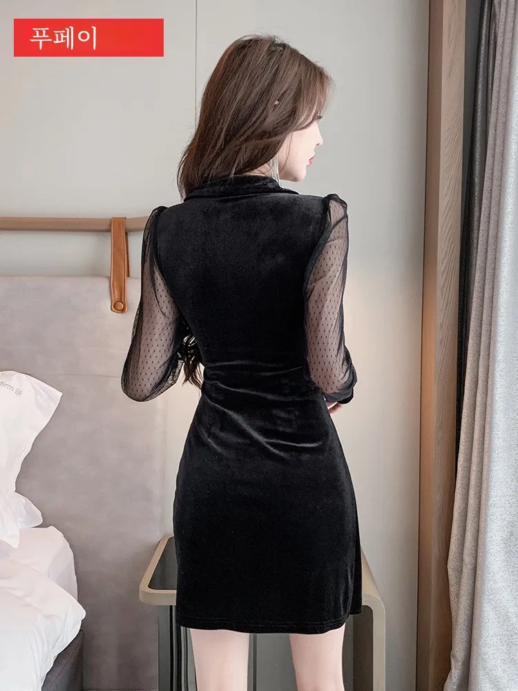 Ночной магазин Сексуальные платья для женщин с длинным рукавом Золотой бархат Slim