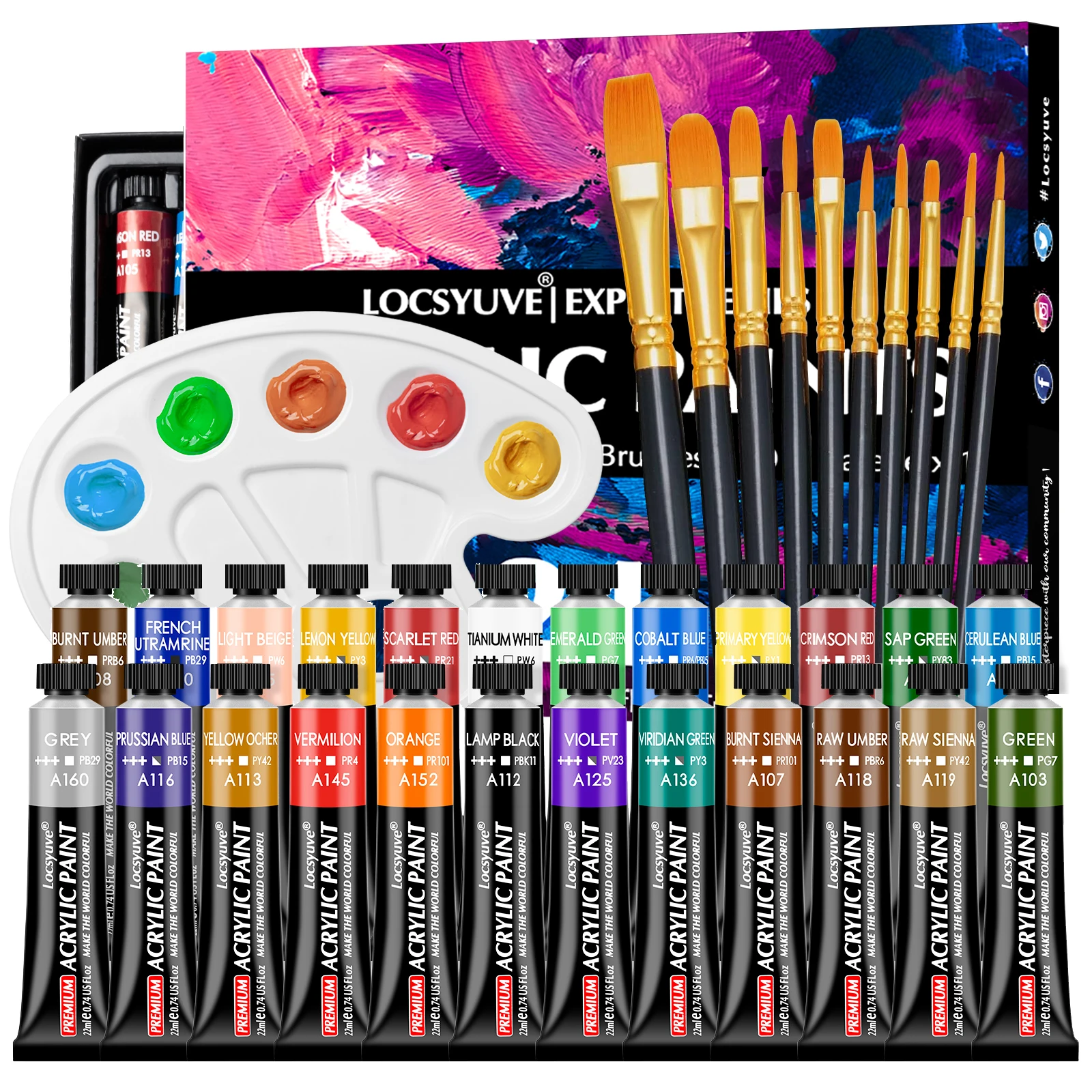 

Locsyuve Acrylic Paint Set 24 Colors Acrylic Paint, 22ml(0.74 Fl Oz), with 10 Brushes, 1 Palette, Rich Pigments for Artists