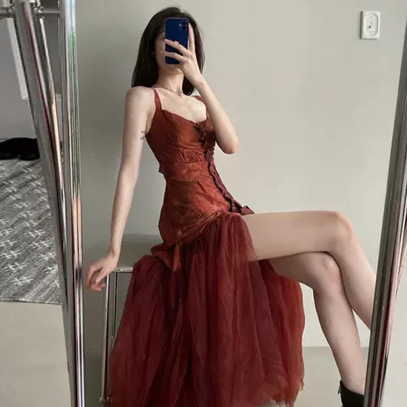 

Women Spaghetti Strap Dress Irregular Stitching French Mori Girl Sweet Dating Cottagecore Dress Female Solid Fairy Sexy Dresses