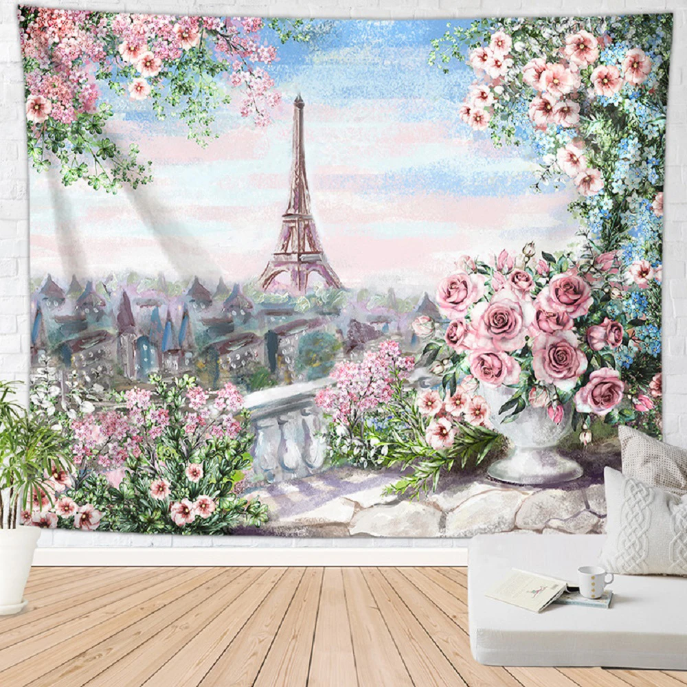 

Paris Eiffel Tower Tapestry European City Landscape Pink Romantic Paris Print Tapestries Bedroom Living Room Wall Hanging Decor