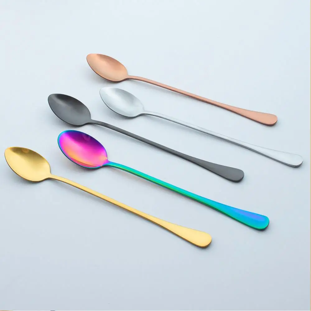 

Rainbow Color Coffee Tea Stir Spoon Long Handle Ice Cream Dessert Spoons Eco-Friendly Stainless Steel Tableware Kitchen Supplies