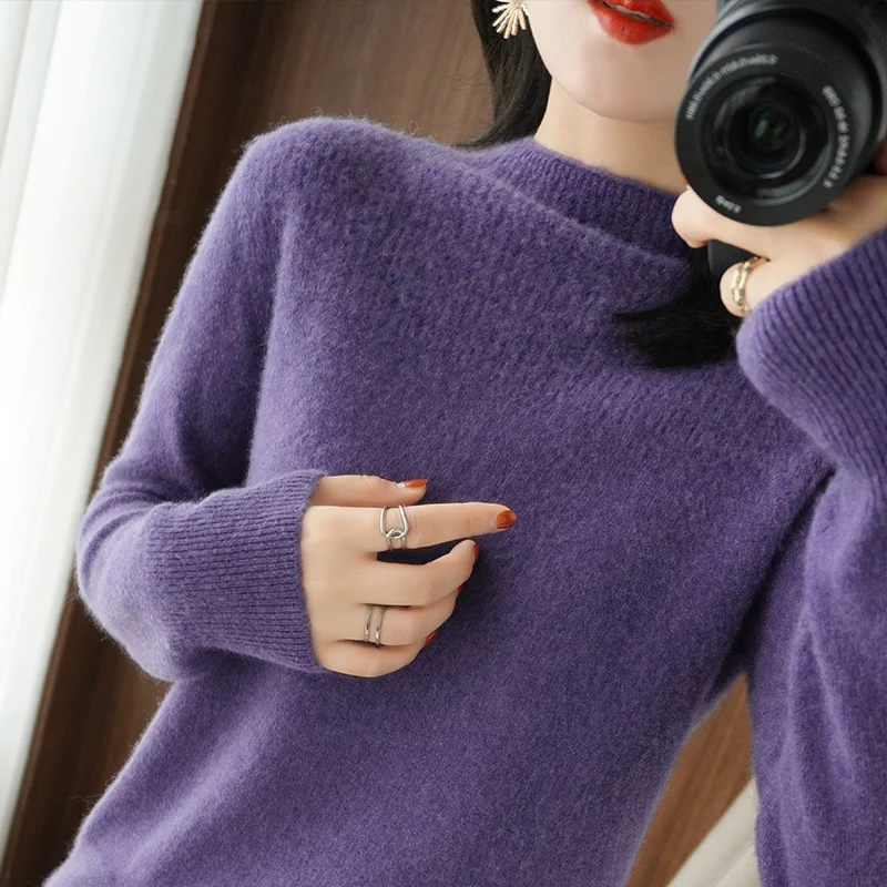 

2021 autumn and winter new half high neck woolen sweater women 100% pure wool loose solid color large size knitted sweater