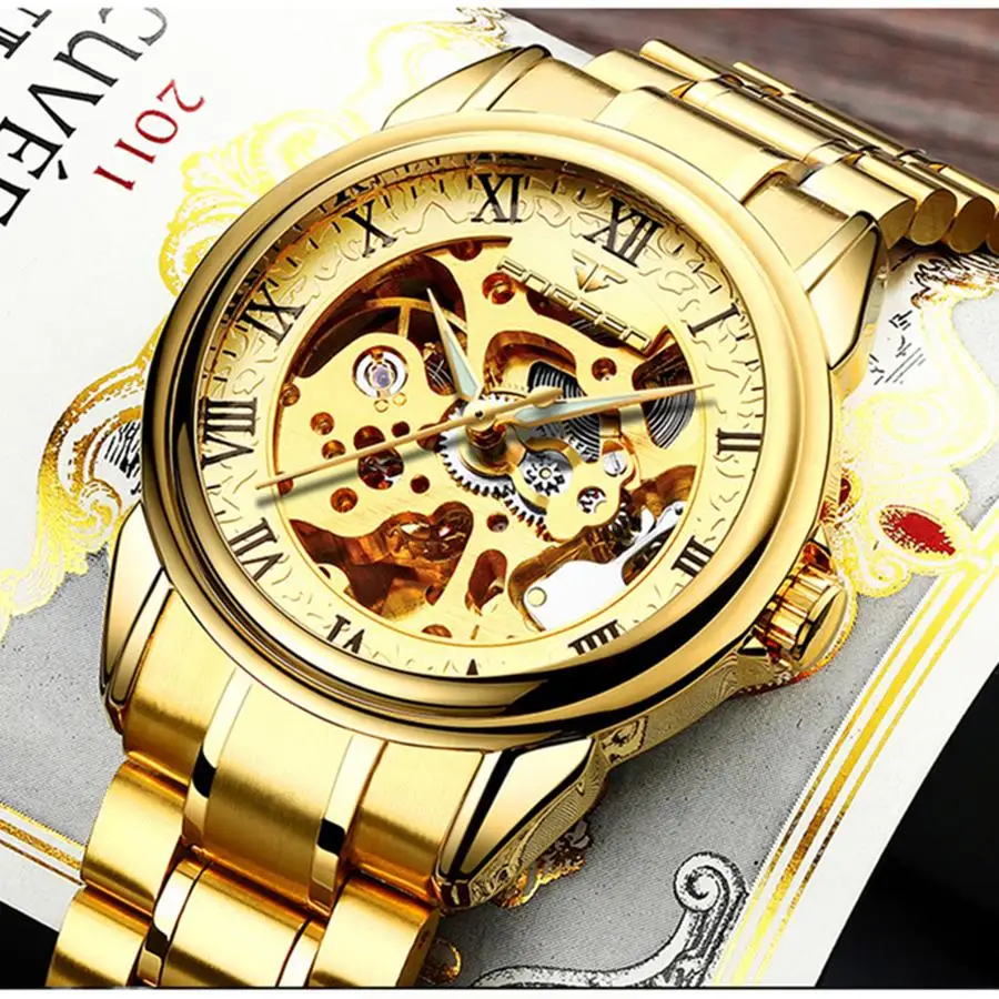 

Watch Men Luxury Skeleton Automatic Winding Mechanical Watches Gold Stainless Steel Waterproof Wristwatch Male Relogio Masculino