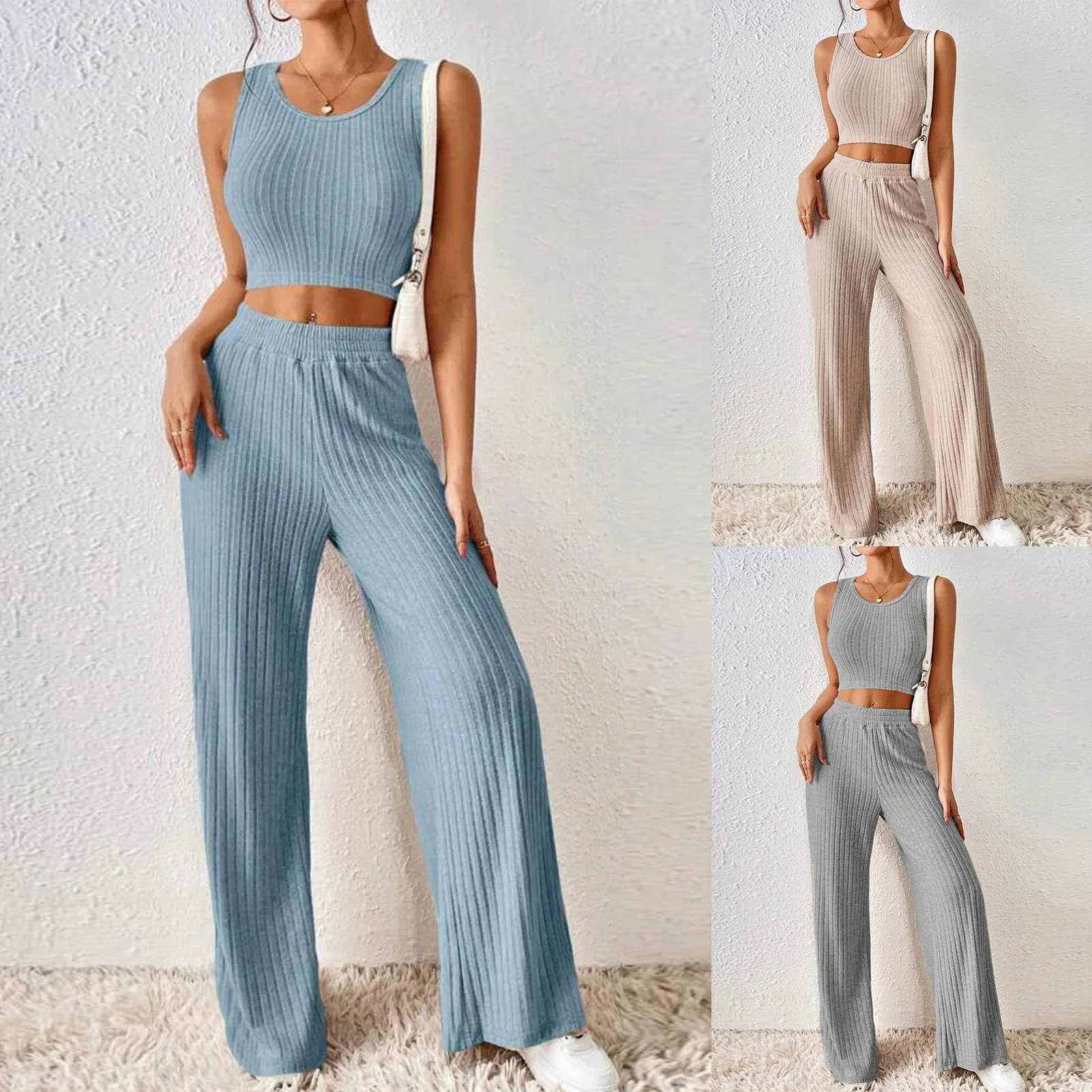 

Knit Two Piece Set Women Casual Sleeveless Crop Top Trouser Suits Female 2023 Spring Crop Sweater High Waist Ladies Loose Suits