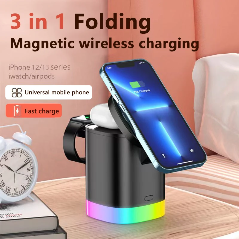 

15W Magnetic Fast Wireless Charger Stand Dock For iPhone14 13 12 Pro Max Mini Apple iWatch 7 Airpods USB Fast Charging Station