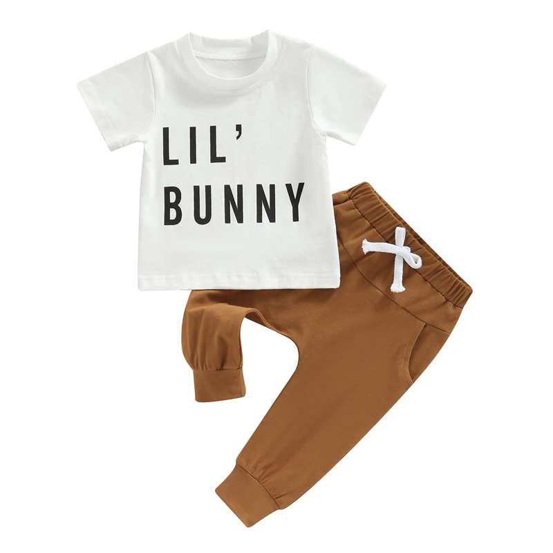 

New Born Baby Boy Summer Clothes Letter Print Short Sleeve Round Neck T-Shirt Tops + Solid Color Pants Toddler Clothing Set