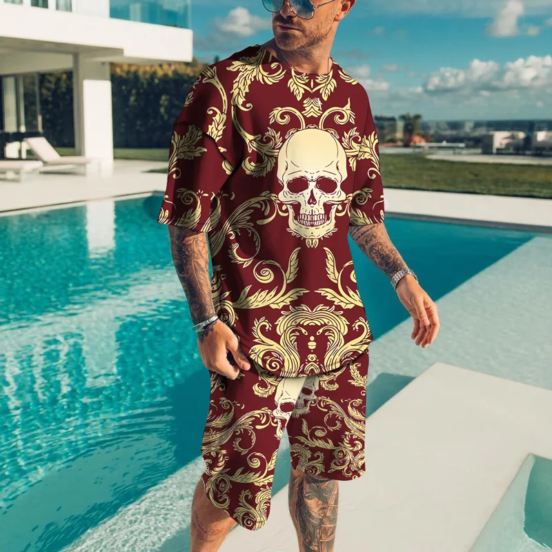 2023 Summer New Men's Fashion Casual Sports Short Sleeve Shorts Two Piece 3D Digital Printing Skull Head Street Retro Clothing