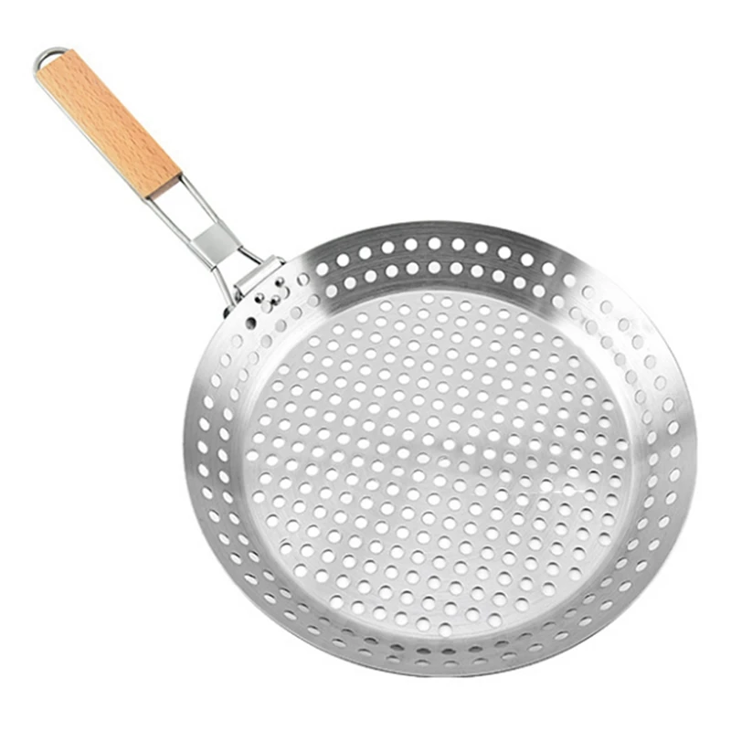 

Round Wooden Handle Folding Grill Pan Stainless Steel BBQ Grill Picnic Camping Grill Outdoor BBQ Tools
