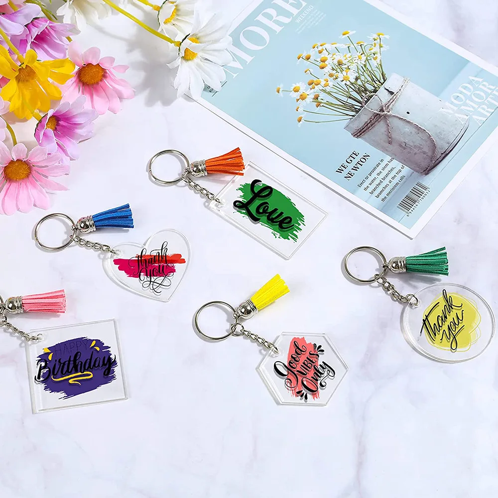 200PCS Acrylic Keychain Blanks Craft Tassel Keychain Round Clear Discs Circles Colorful Tassel Key Rings Set for DIY Craft