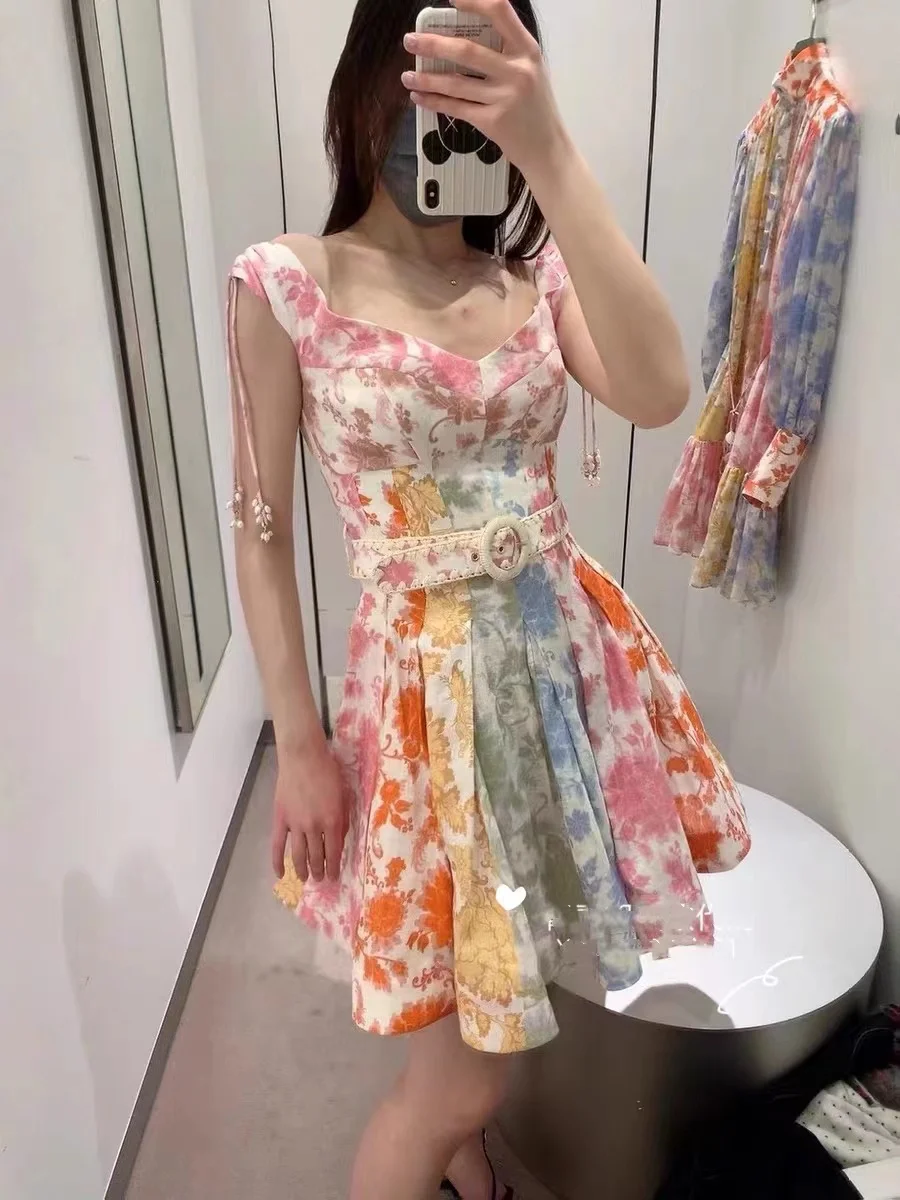 

2022 new linen print stitching large swing mini women's dress